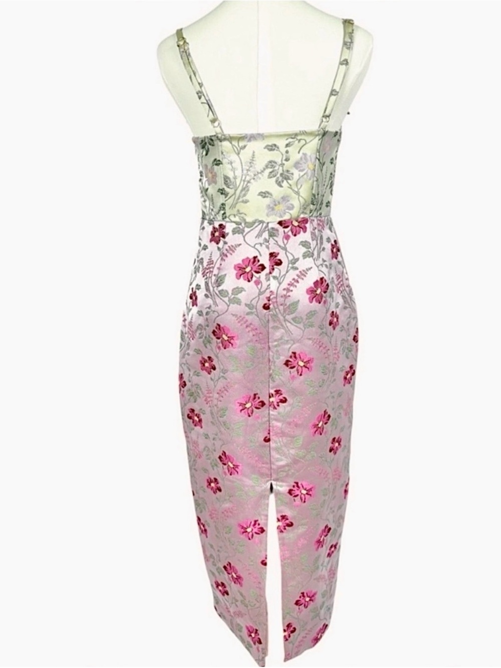 LoveShackFancy Floral Jacquard Bustier Midi Dress Pink Green Ivory Bow Strap 2 - Picture 2 of 12
